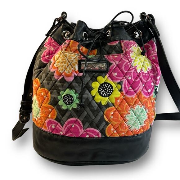 VERA BRADLEY Floral quilted draw string Bucket Bag/orange yellow pink daisies - Picture 11 of 13